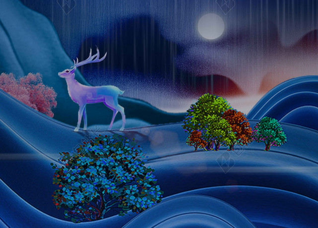 蓝色手绘沙画鹿黑夜动物谷雨二十四节气海报背景