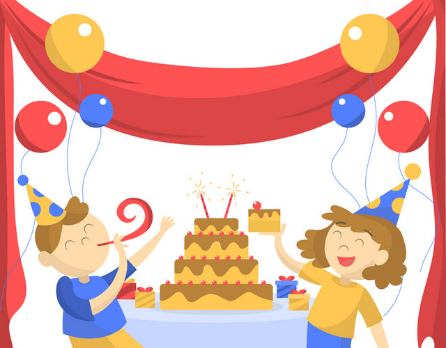 爸爸妈妈庆祝生日派对彩带气球蛋糕蜡烛矢量图