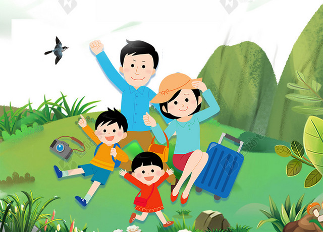 一家人卡通手绘全家人亲子游旅游开心场景绿色背景海报