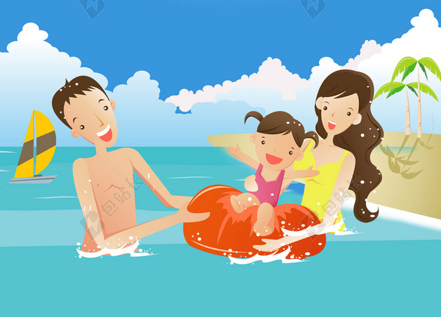 夏天亲子游旅游蓝色背景海报