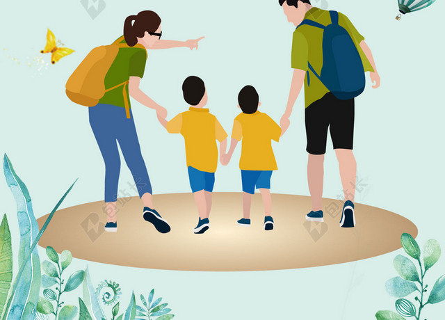 亲子游旅游卡通手绘全家人绿色背景海报