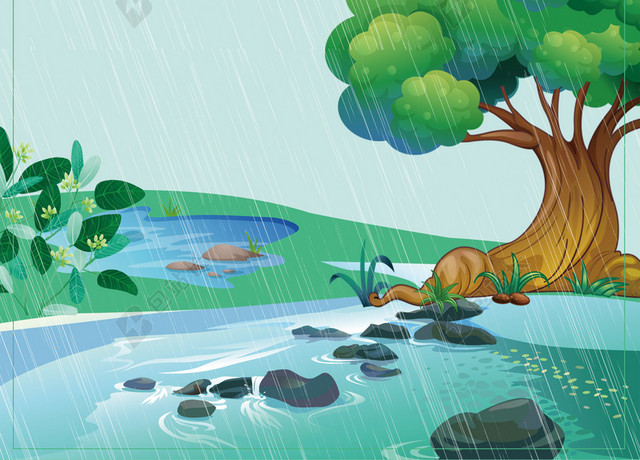 溪边大树飞燕翠柳谷雨二十四节气青色海报背景