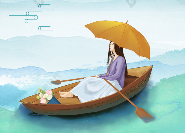 雨中美人泛舟谷雨二十四节气蓝色海报背景