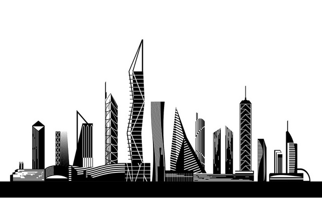 城市剪影黑白简约建筑城市生活大厦都市高层公寓矢量图