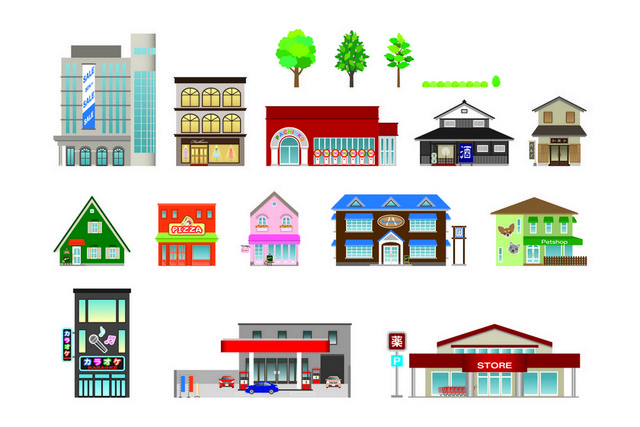 披萨店建筑城市生活大厦都市高层公寓矢量图