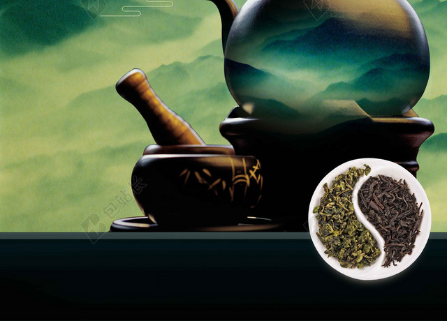 山雾风景茶具绿茶新茶春茶上市海报背景
