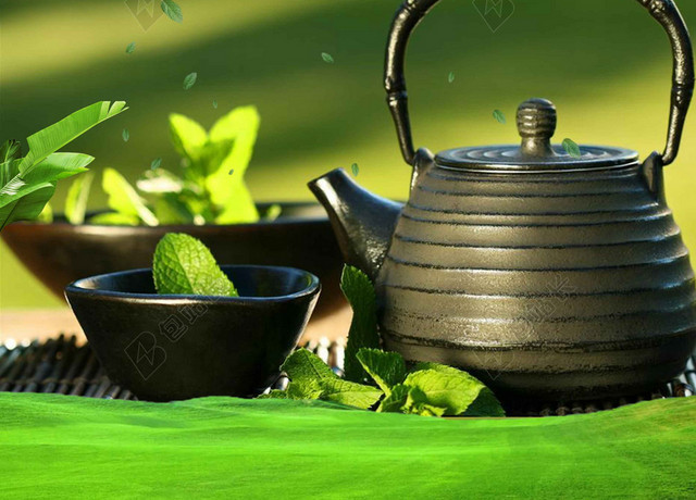 深绿风景茶具茶叶绿茶新茶春茶上市海报背景