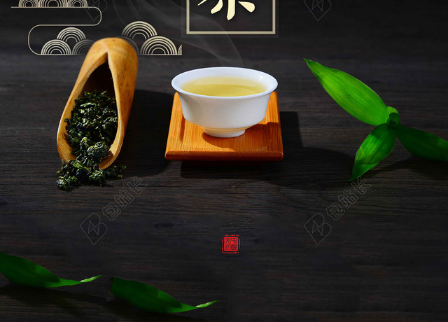 黑色茶具绿茶新茶春茶上市海报背景