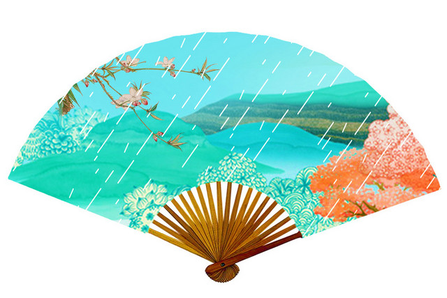 春天谷雨清明雨水扇子元素PSD素材