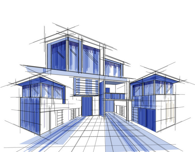 手绘建筑城市生活大厦都市高层公寓矢量图