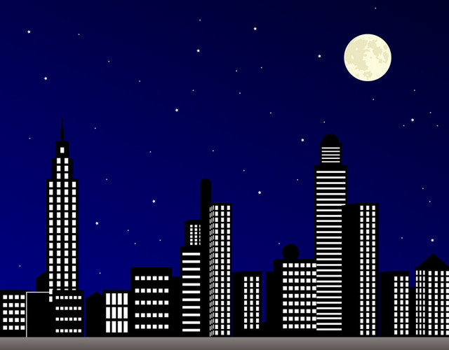城市剪影夜晚建筑城市生活大厦都市高层公寓矢量图