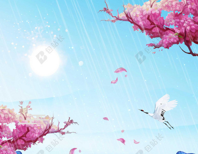 手绘插画仙鹤花舞山小船谷雨二十四节气蓝色海报背景