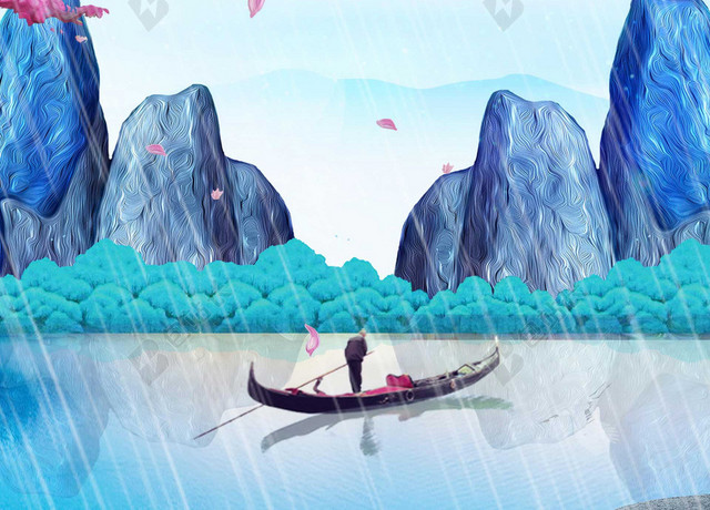 手绘插画仙鹤花舞山小船谷雨二十四节气蓝色海报背景