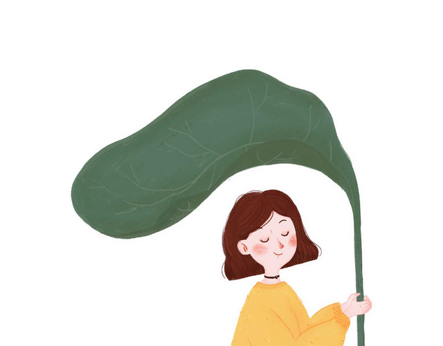 谷雨节气女孩叶片挡雨PNG素材