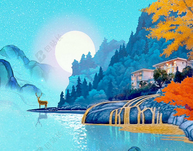 插画风景鲜艳月下河流小船谷雨二十四节气蓝色海报背景