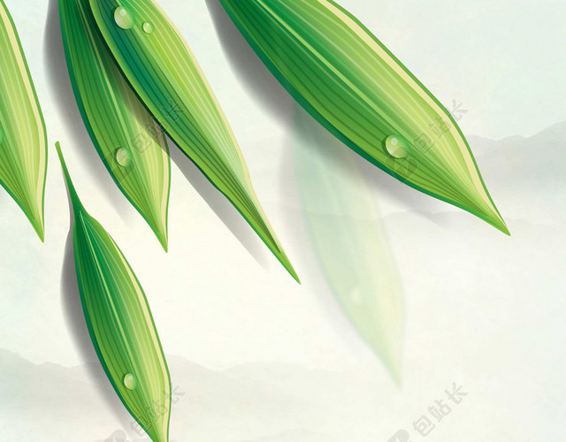 青翠竹叶桑叶水纹谷雨二十四节气米色海报背景