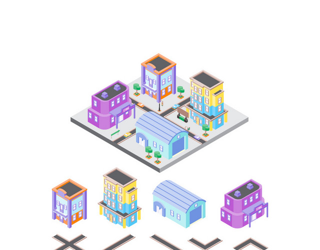 3D立体建筑街道拼图地图建筑城市生活大厦都市高层公寓矢量图