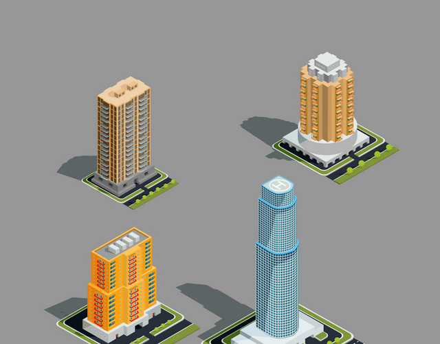 3D立体建筑摩天大楼建筑城市生活大厦都市高层公寓矢量图