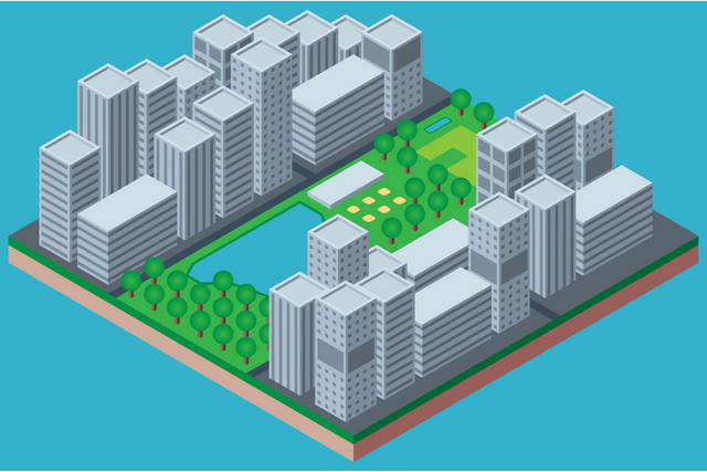 立体建筑绿色公园建筑城市生活大厦都市高层公寓矢量图
