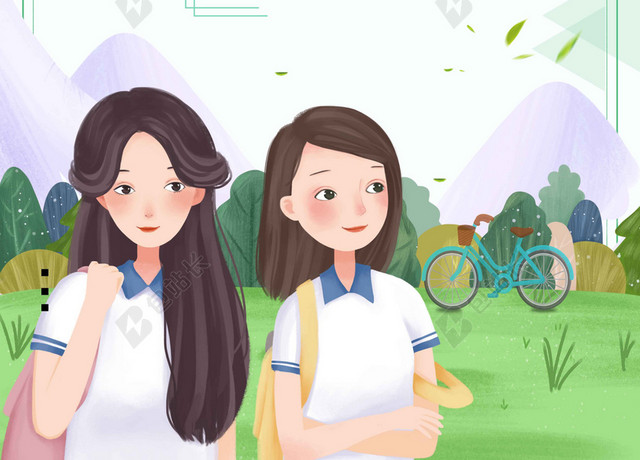 手绘学生女孩卡通人物风景早安梦想海报背景