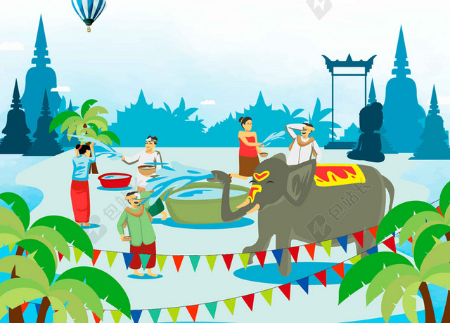 卡通渐变泼水节人物动物泼水节傣族文化传统民俗海报背景