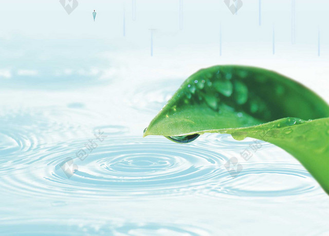 雨中伞水纹绿叶谷雨二十四节气蓝色海报背景