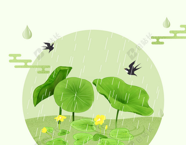青翠荷塘燕子谷雨二十四节气米色海报背景