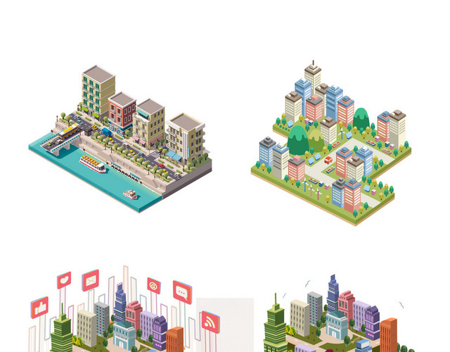 工厂渡口建筑城市生活大厦都市高层公寓矢量图