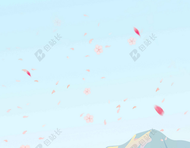 小清新卡通手绘高山树木人物风景4月你好春天宣传海报背景