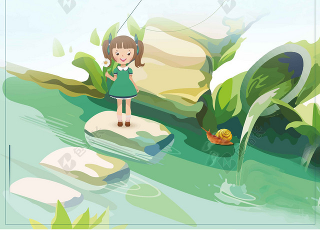 小清新绿草河流卡通人物4月你好春天宣传海报背景