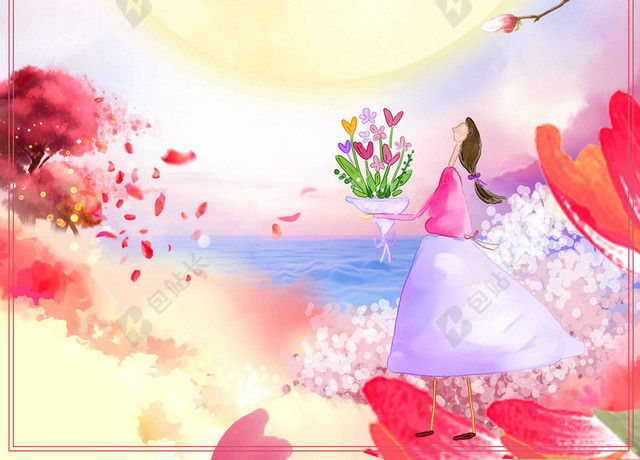 手绘唯美少女圆形花卉绿草风景4月你好春天宣传海报背景