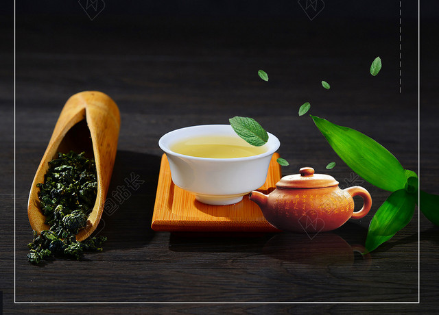 黑色古典风绿茶茶叶背景素材