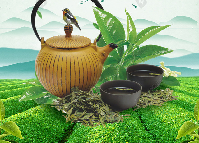 绿色茶园绿茶新茶上市促销宣传绿色背景海报