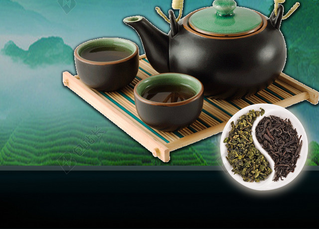 中国风山水风景画绿茶新茶上市促销宣传绿色背景海报