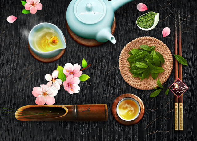 天然有机绿茶新茶上市促销宣传黑色背景海报