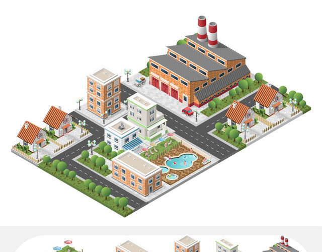 工厂建筑城市生活大厦都市高层公寓矢量图