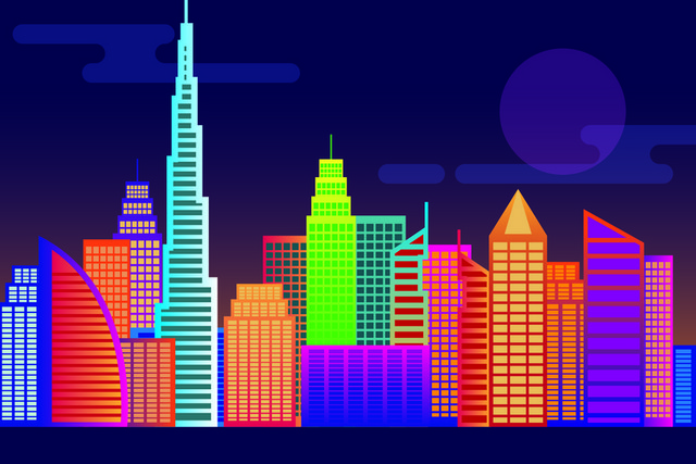 夜景建筑城市生活大厦都市高层公寓矢量图