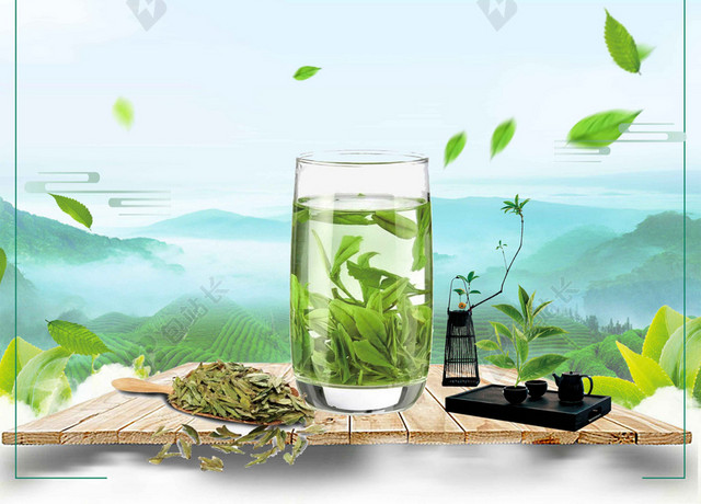 蓝天白云茶具茶山风景新茶上市春茶茶叶促销宣传海报背景