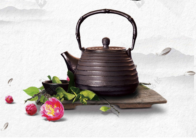 品茶之道古风花朵落叶仙鹤茶道文化新茶上市海报背景