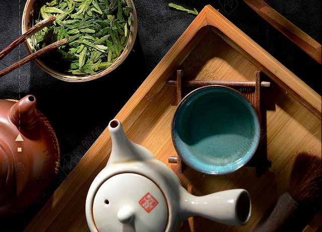 黑金天然绿茶茶具绿茶新茶春茶上市海报背景