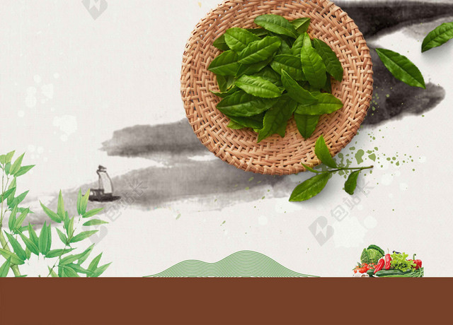 古风白绿风景茶具绿茶新茶春茶上市海报背景