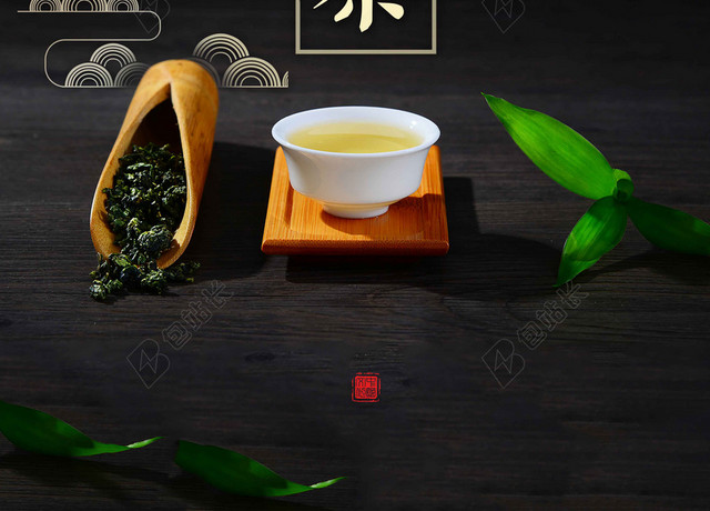 西湖绿茶黑金风景茶具绿茶新茶春茶上市海报背景