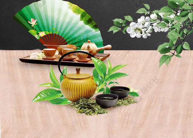 扇子花朵古风绿叶茶具绿茶新茶春茶上市海报背景