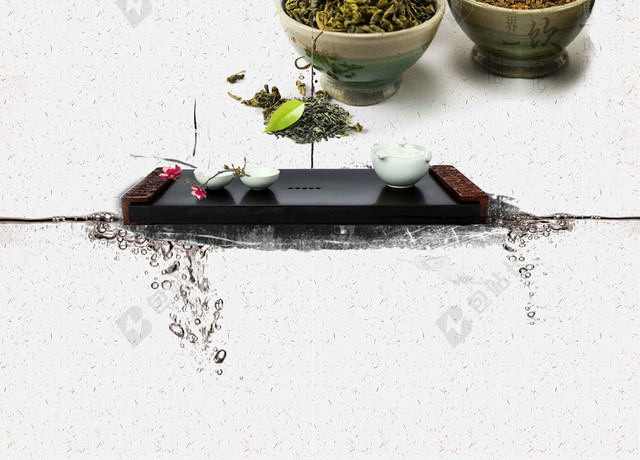 古风印章绿叶茶具绿茶新茶春茶上市海报背景