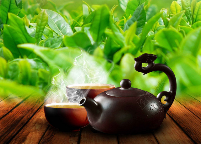 春天蓝天白云茶田风景茶具绿茶新茶春茶上市海报背景