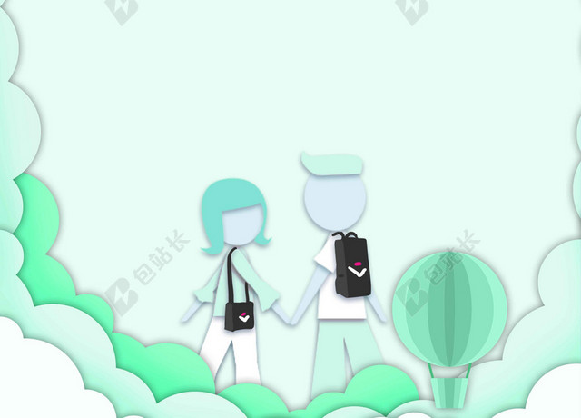 绿白物体卡通人物4月你好海报背景