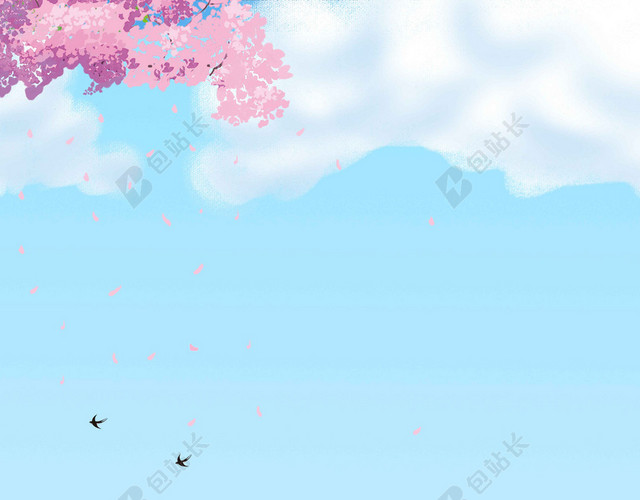 蓝天白云小孩花草卡通4月你好海报背景