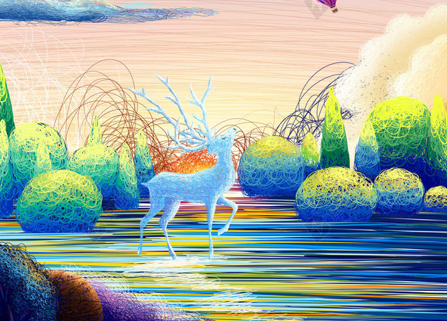 手绘插画七彩山水动物风景4月你好海报背景