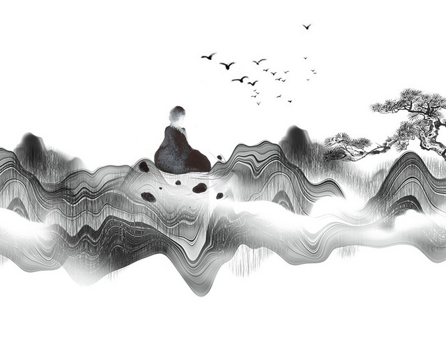 水墨山水画禅师红日飞鸟素材
