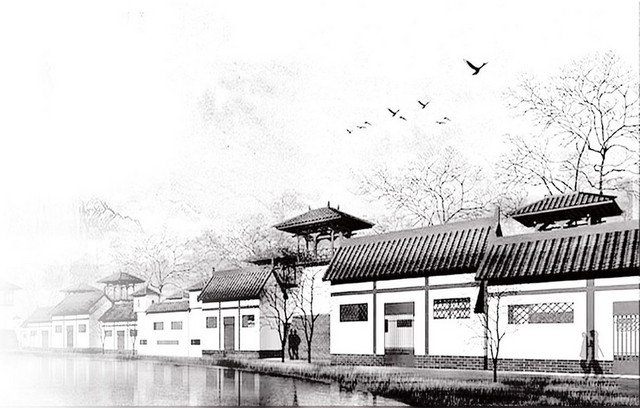 中国风水墨风景建筑树木素材